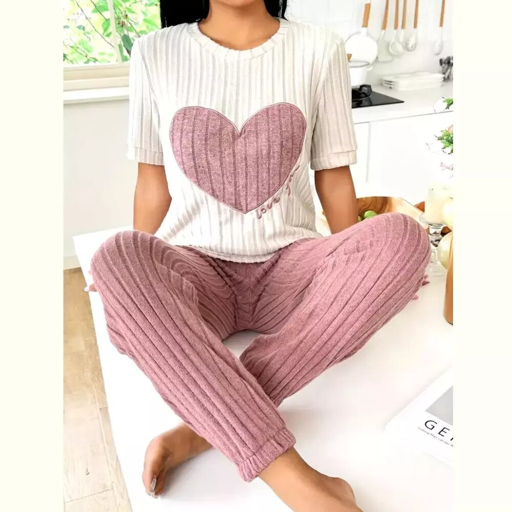 Women's Heart Embroidered All-Season Loungewear/Pajama Set